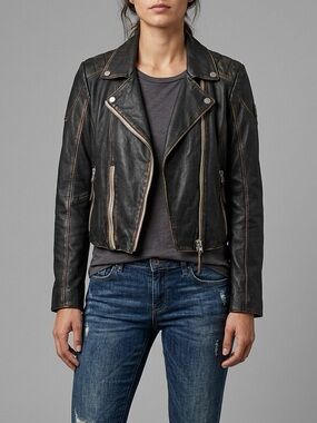 MAURITIUS Reanon Distressed Leather Moto Jacket Vintage Black - Size 5/6 Small